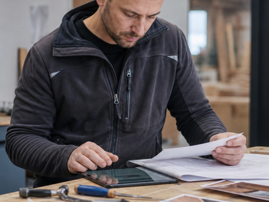 KI im Handwerk – Handwerkerin in moderner Werkstatt KI im Handwerk – Handwerkerin in moderner Werkstatt
